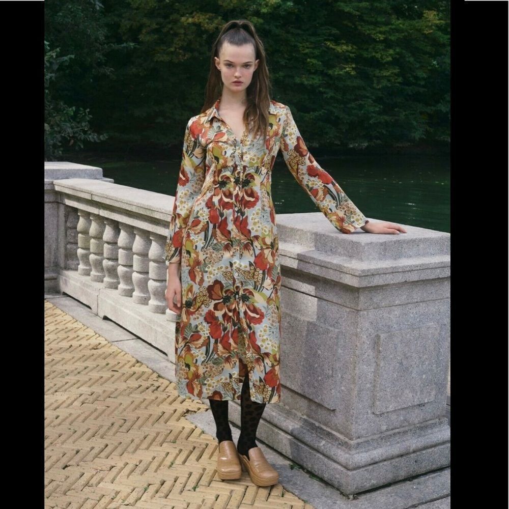 NEW ZARA satin effect multicolored floral print long shirt dress S